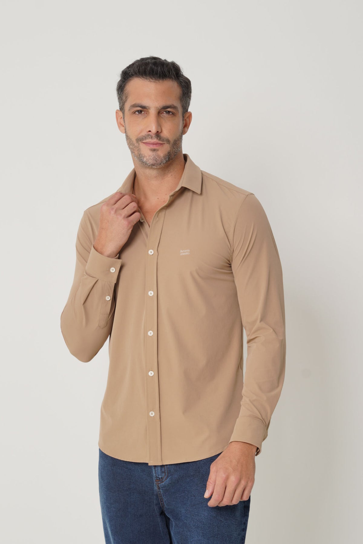 Camisa Slim Tech Manga Longa Masculina Acostamento Caqui