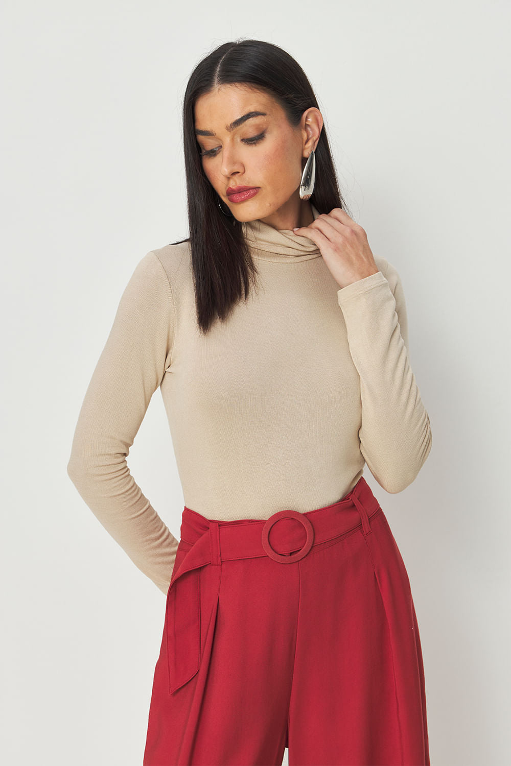 Calça Fluida Wide com Cinto Feminina Acostamento Cassis