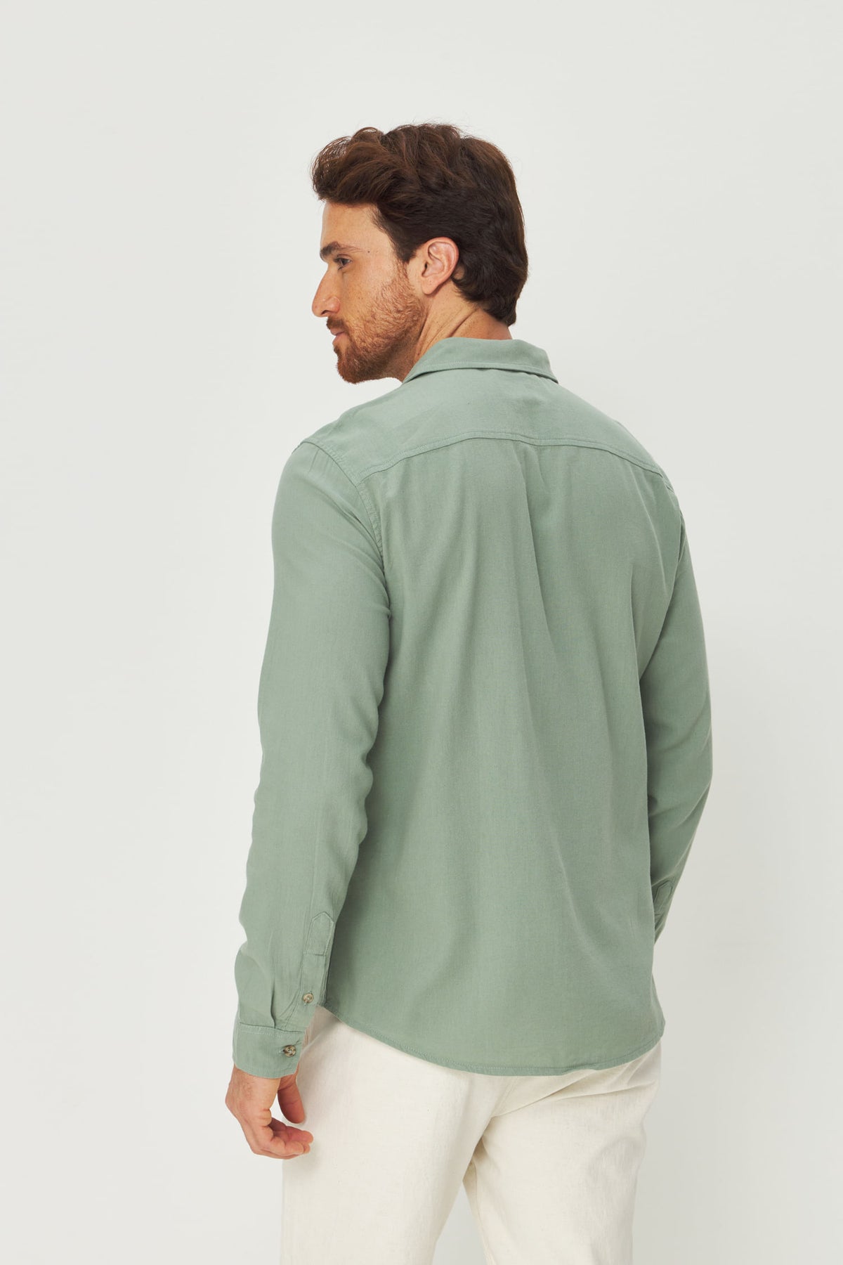 Camisa Botão Manga Longa Masculina Acostamento Verde Claro