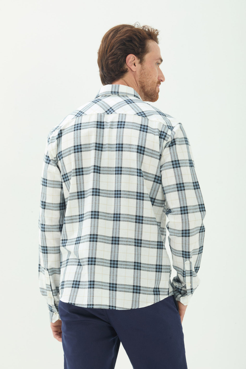 Camisa Manga Longa Xadrez Masculina Acostamento Xadrez Off White C/ Azul