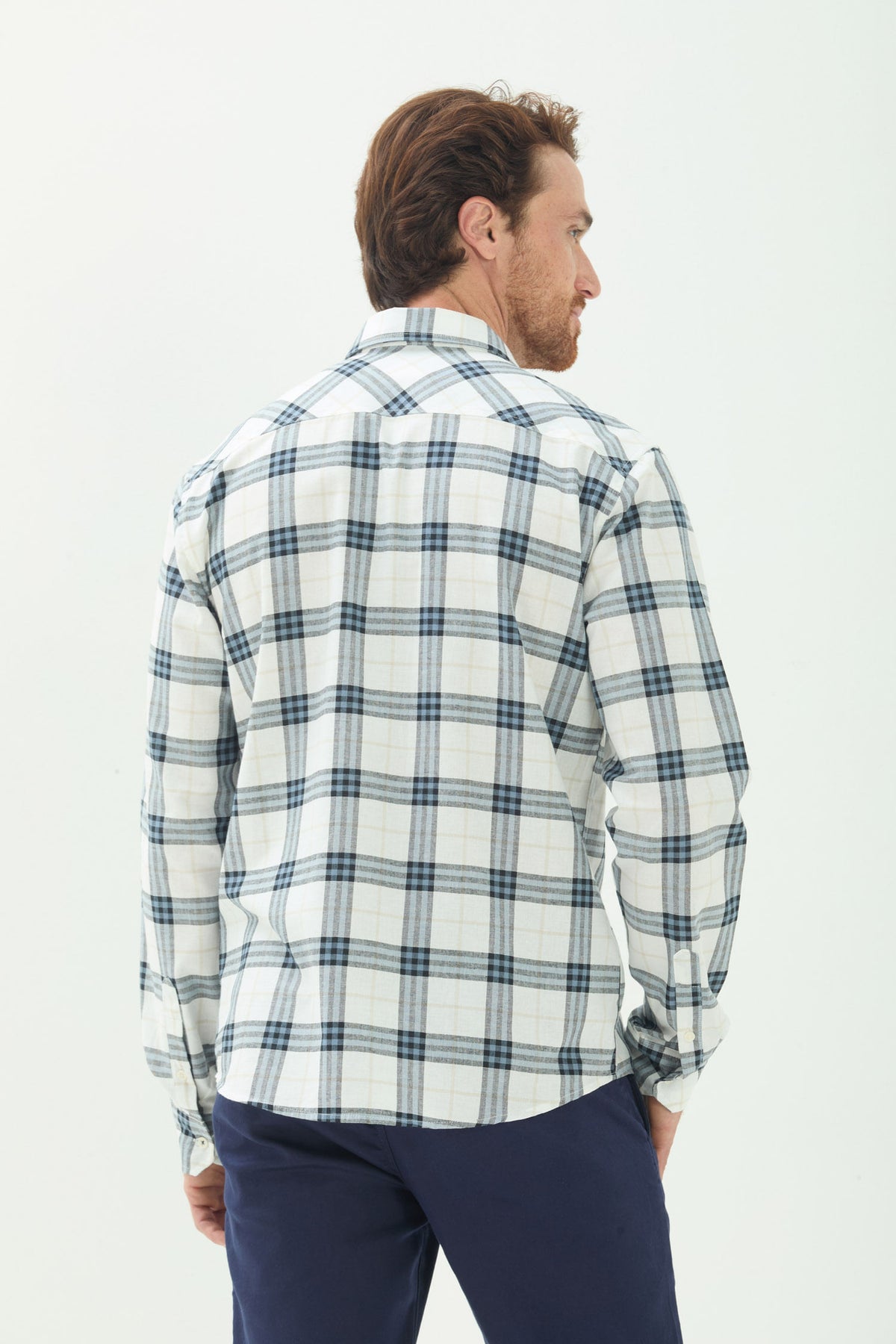 Camisa Manga Longa Xadrez Masculina Acostamento Xadrez Off White C/ Azul