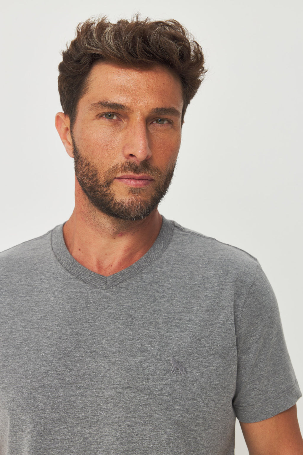 Camiseta Casual Gola V Masculina Acostamento Mescla Grafite