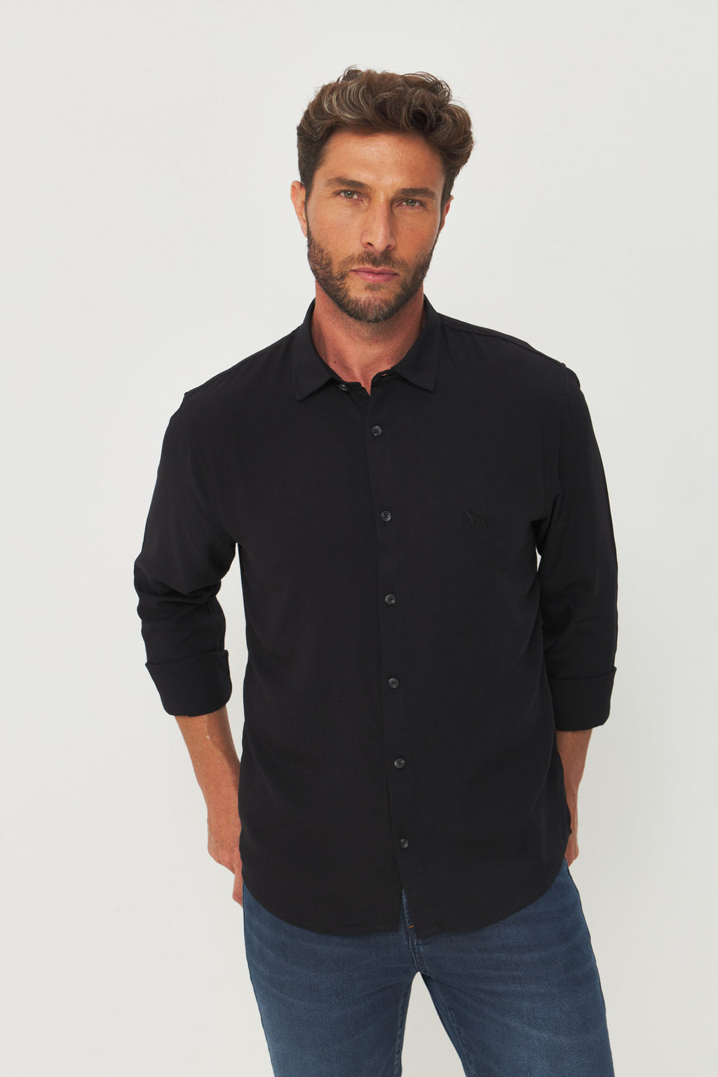 Camisa Lisa Manga Longa Masculina Acostamento Preto