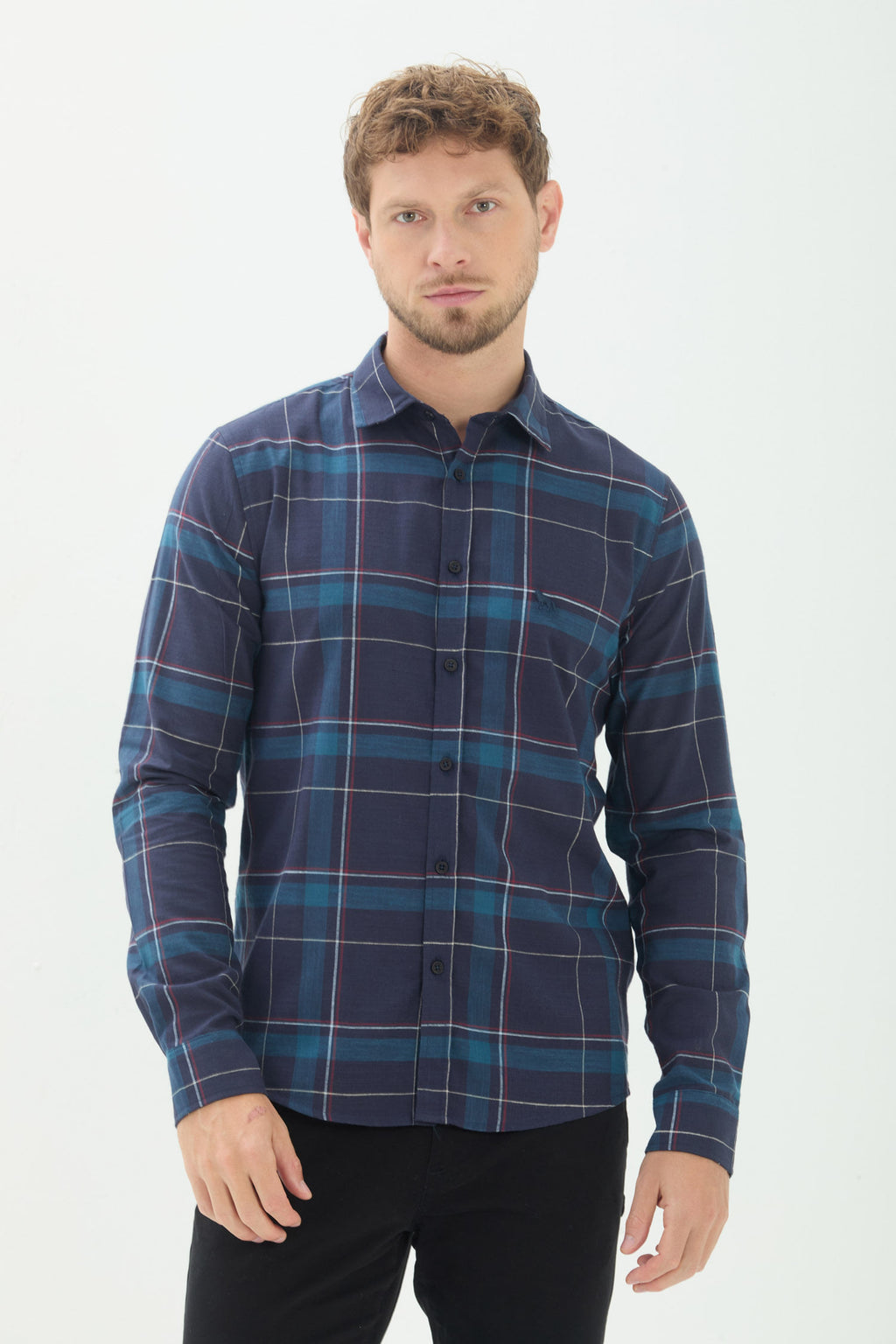 Camisa Xadrez Manga Longa Masculina Acostamento Xadrez Marinho
