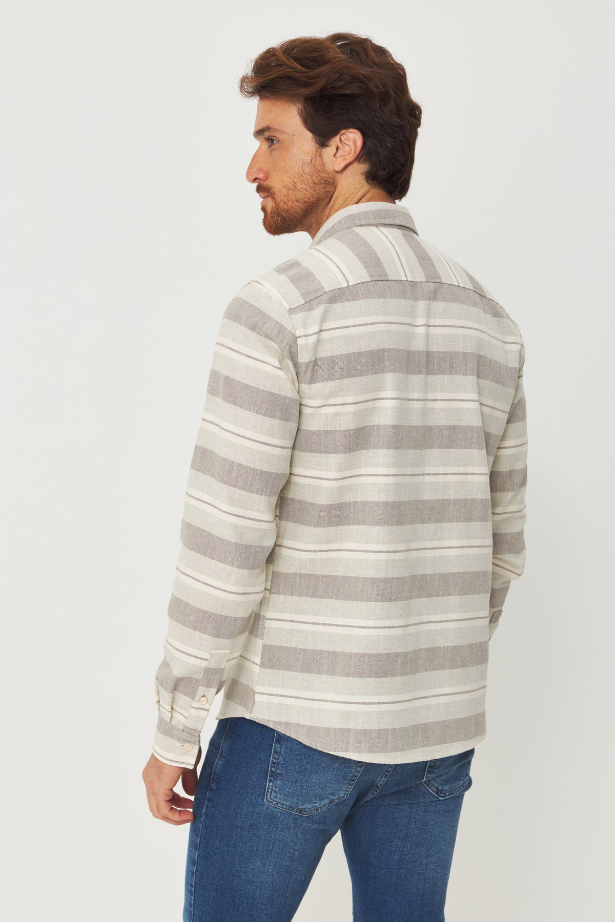 Camisa Manga Longa Listrada Masculina Acostamento Listrado Bege