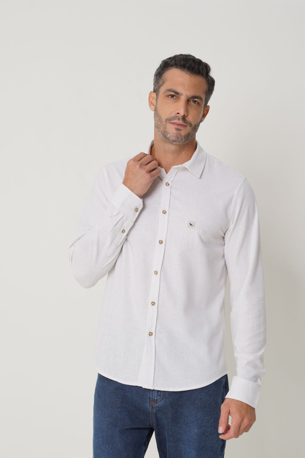 Camisa Casual Manga Longa Masculina Acostamento Branco