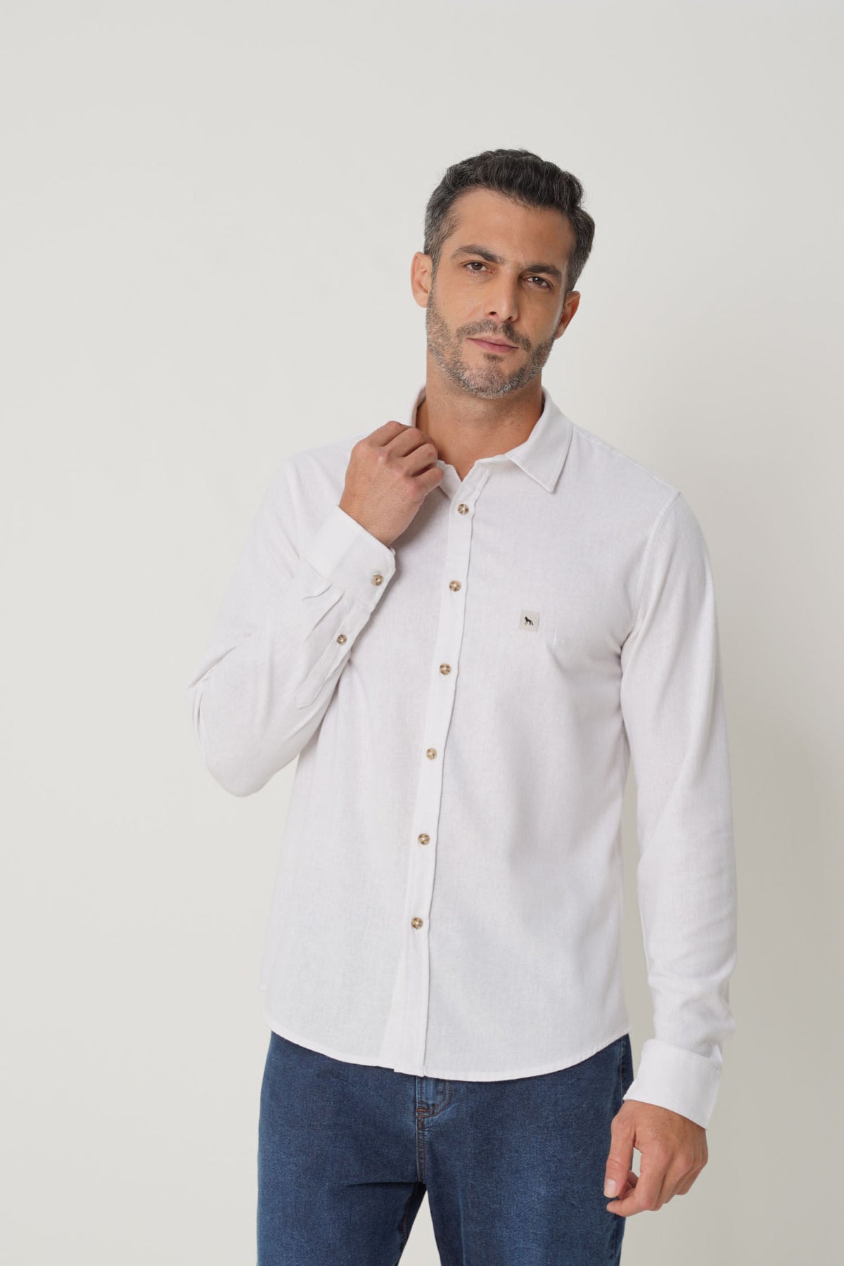 Camisa Casual Manga Longa Masculina Acostamento Branco