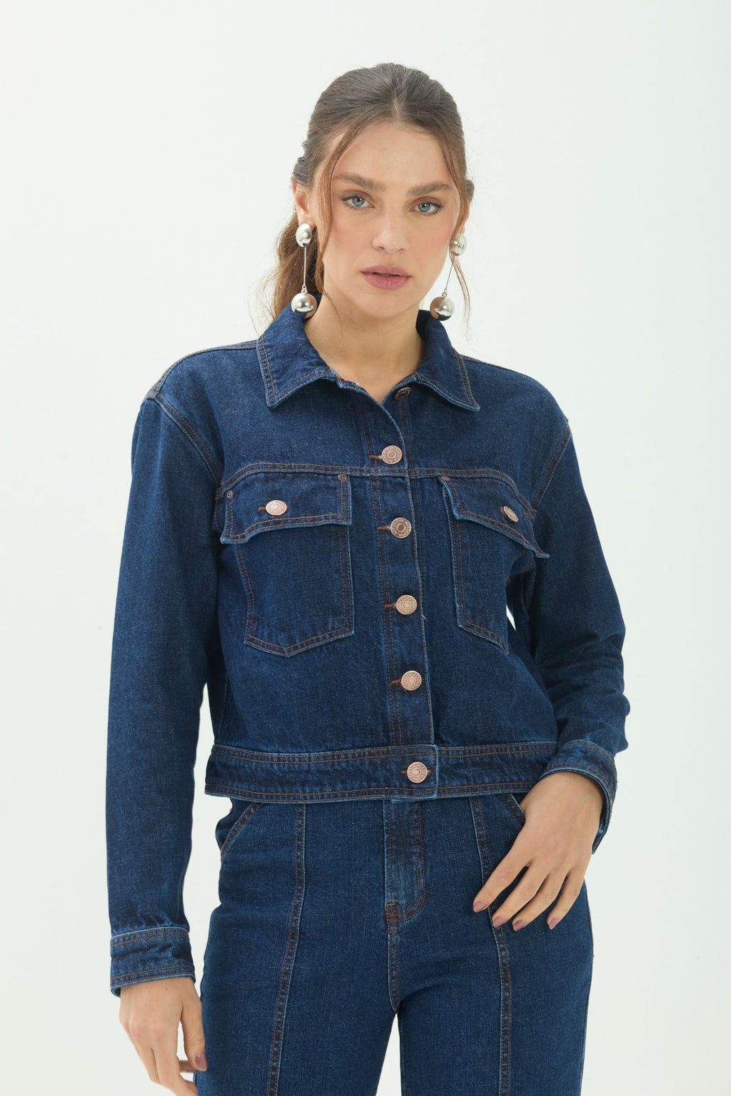 Jaqueta Jeans Curta ACT Feminina Jeans Escuro