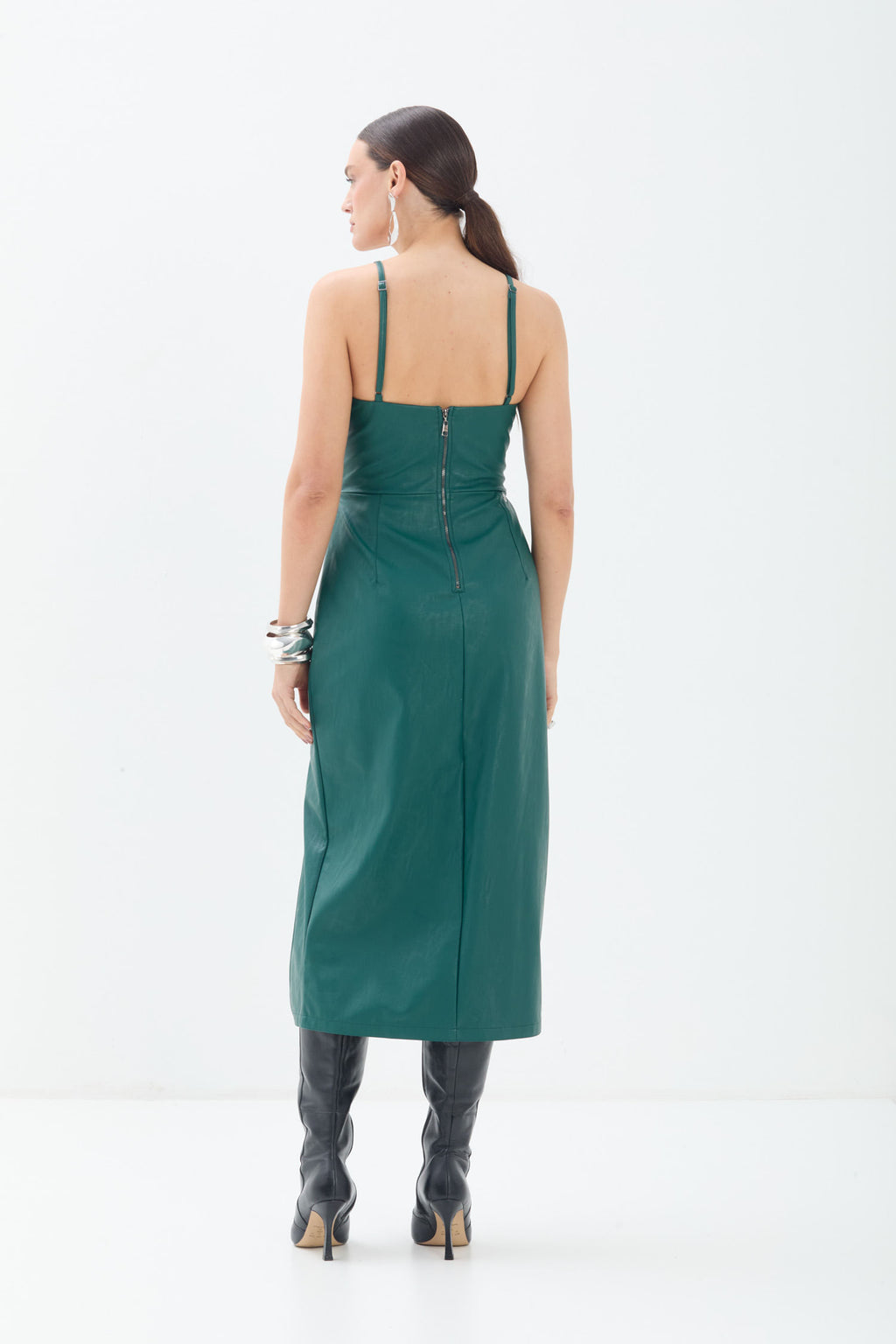 Vestido Midi PU Com Alças Finas ACT Feminino Deep Forest