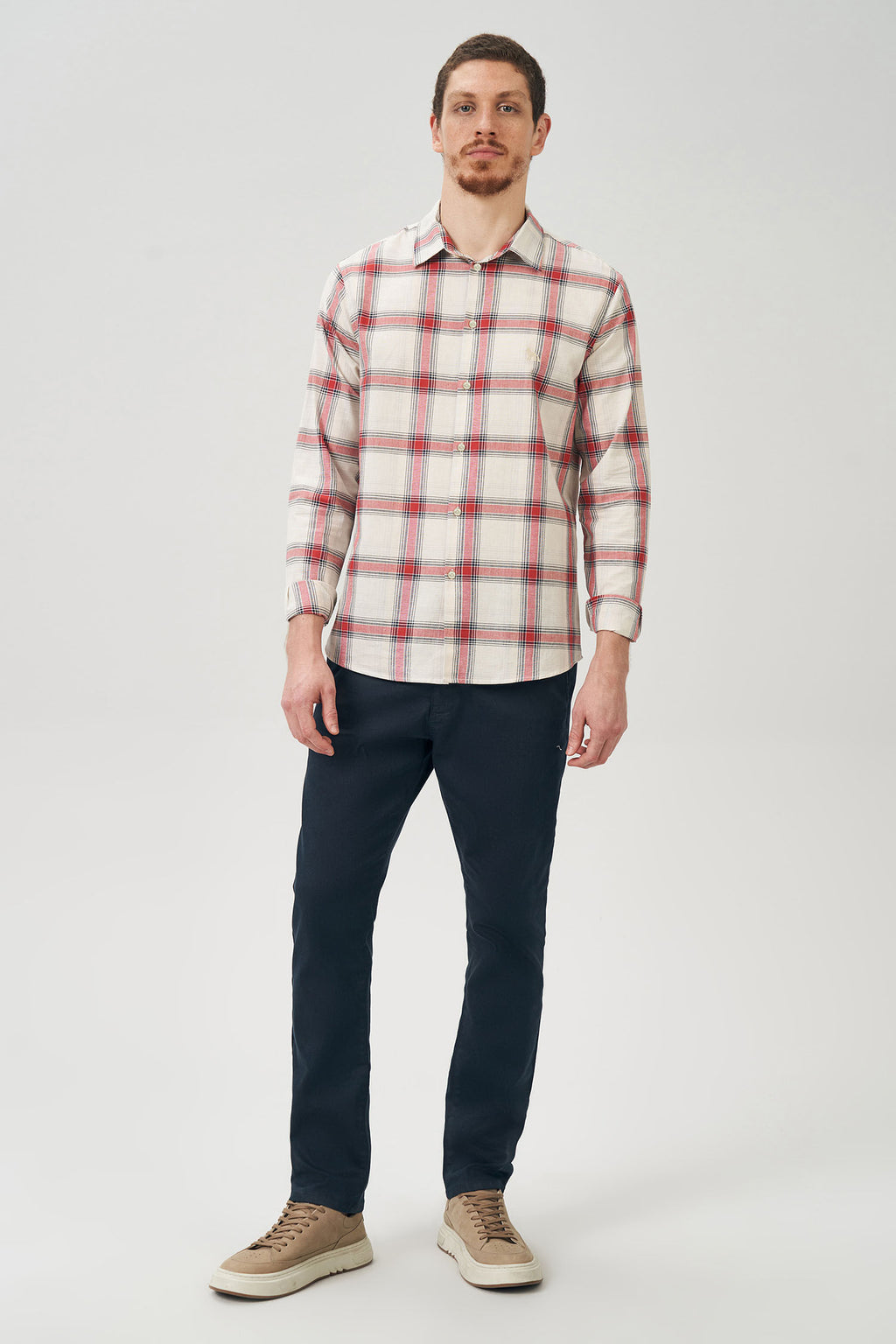 Camisa Manga Longa Xadrez Mascro Masculina Acostamento Off C/ Vermelho E Azul