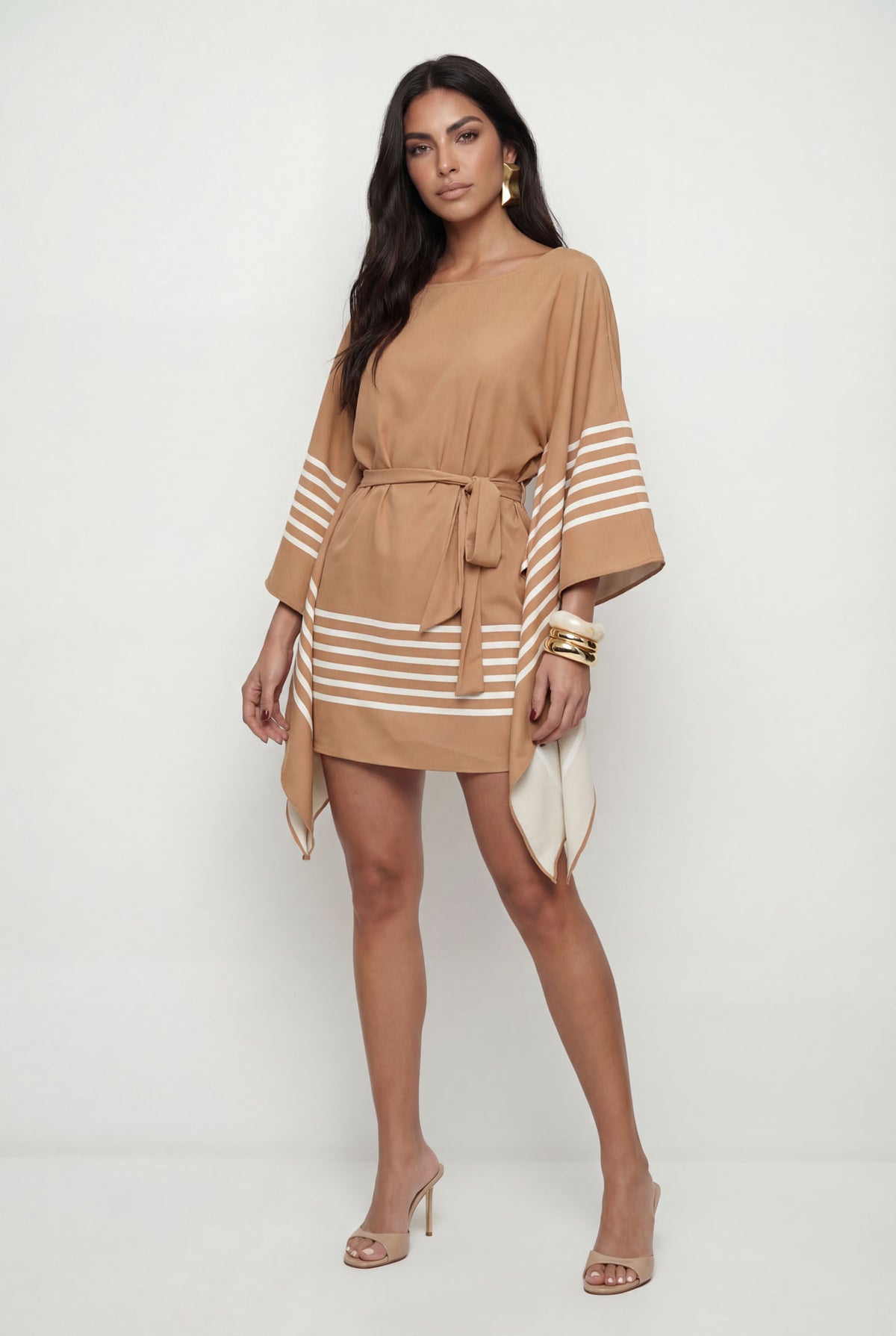 Vestido Amplo Com Faixa ACT Feminino Caramel Stripes