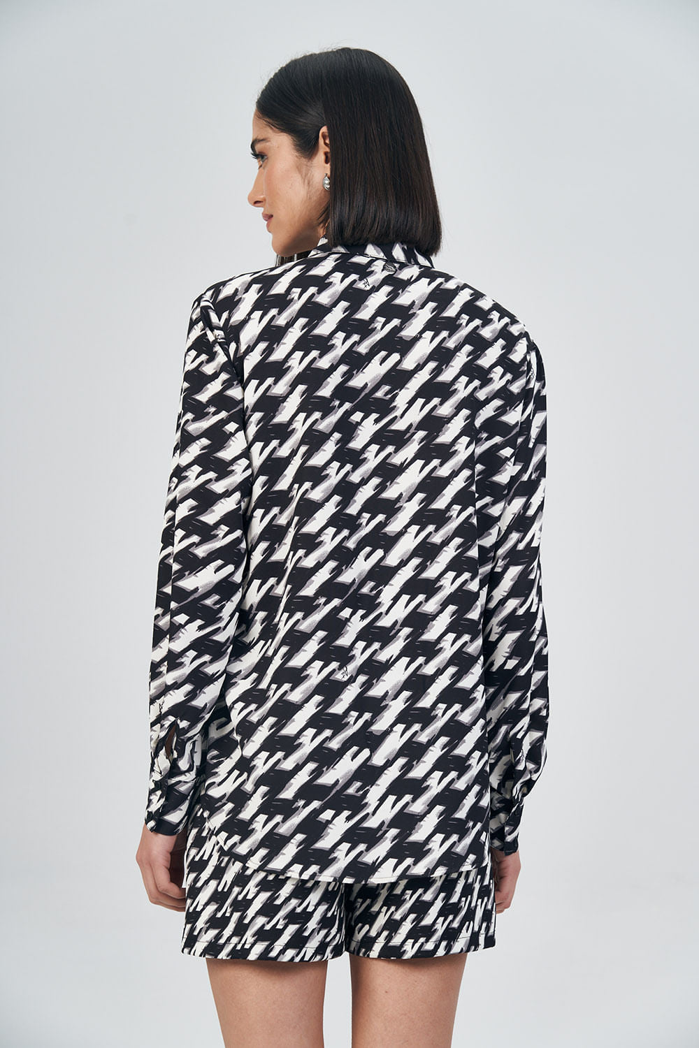 Camisa Print Feminina Acostamento Pied De Poule Maxi