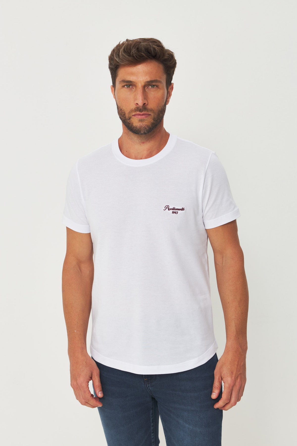 Camiseta Elastano Casual Minimal Masculina Acostamento Branco