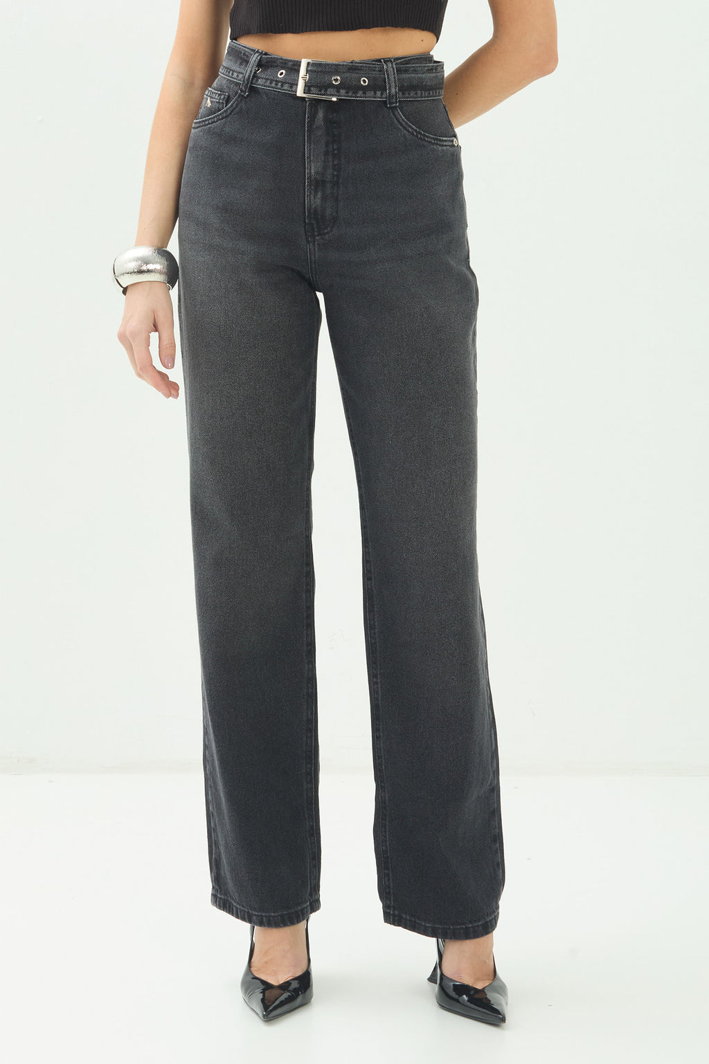 Calça Jeans Straight Com Cinto ACT Feminina Jeans Escuro