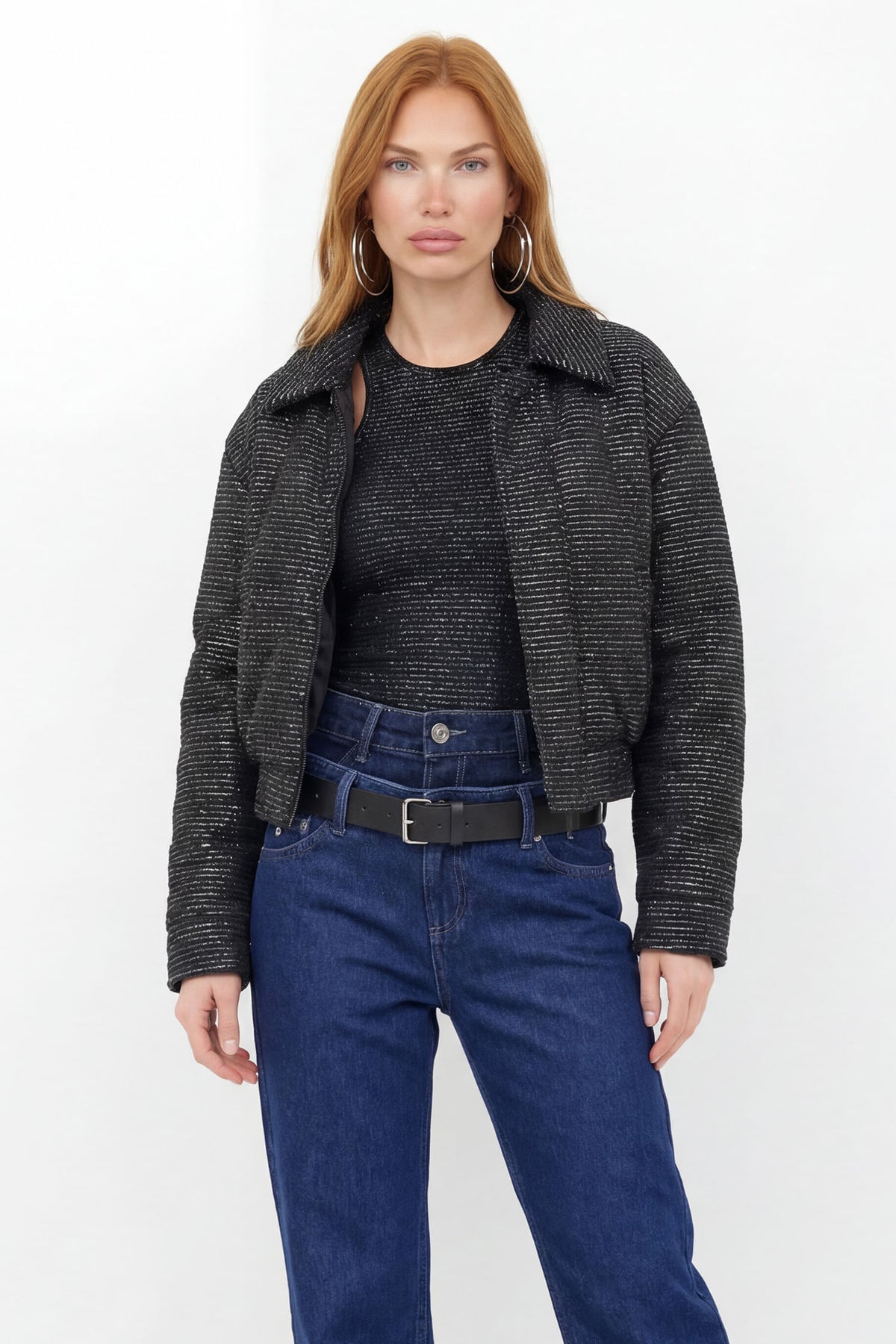 Jaqueta Cropped Textura Brilho ACT Feminina Preto
