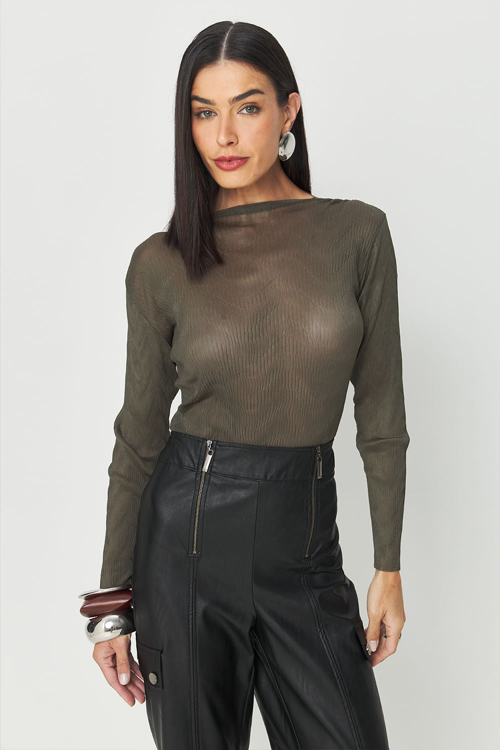 Blusa Manga Longa Texture Feminina Acostamento Deep Olive