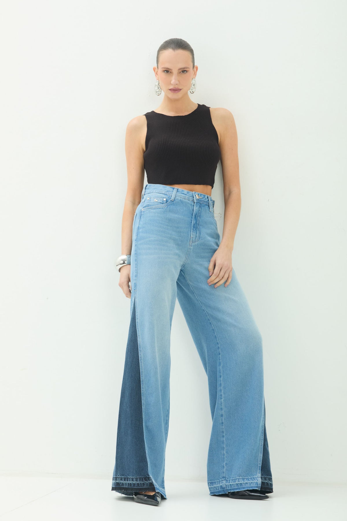 Calça Jeans Wide Leg Recorte ACT Feminina Jeans Intermediario