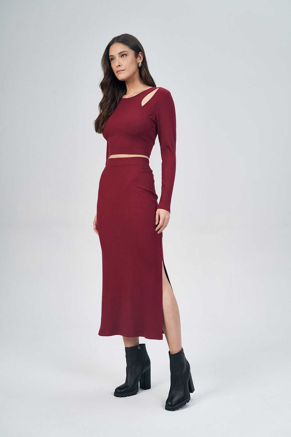Blusa Recorte Canelada Feminina Acostamento Berry