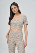 Blusa Decote Quadrado Tweed Feminina Acostamento Areia C/ Dourado
