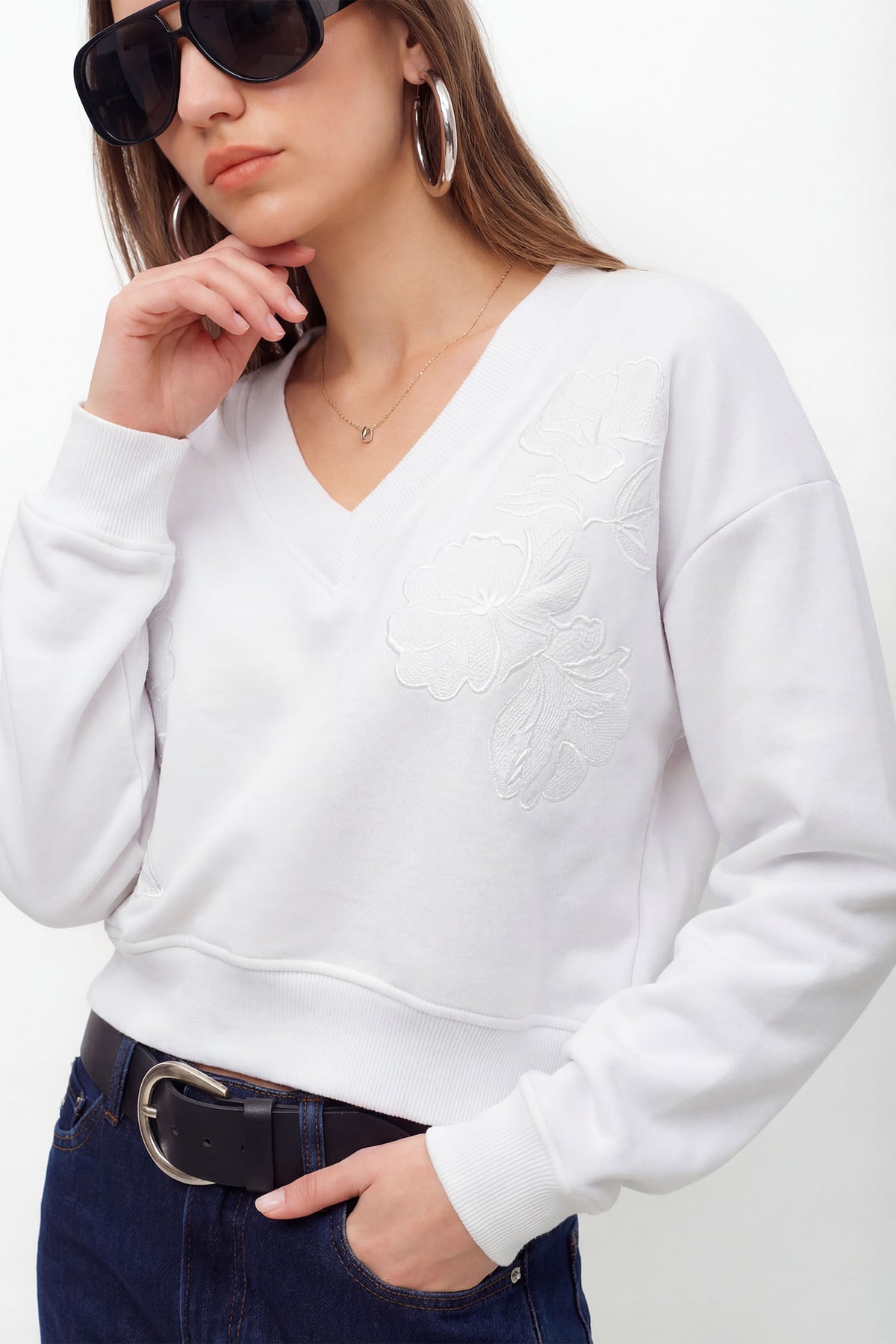 Blusão Moletom Com Bordado Floral ACT Feminino Off White