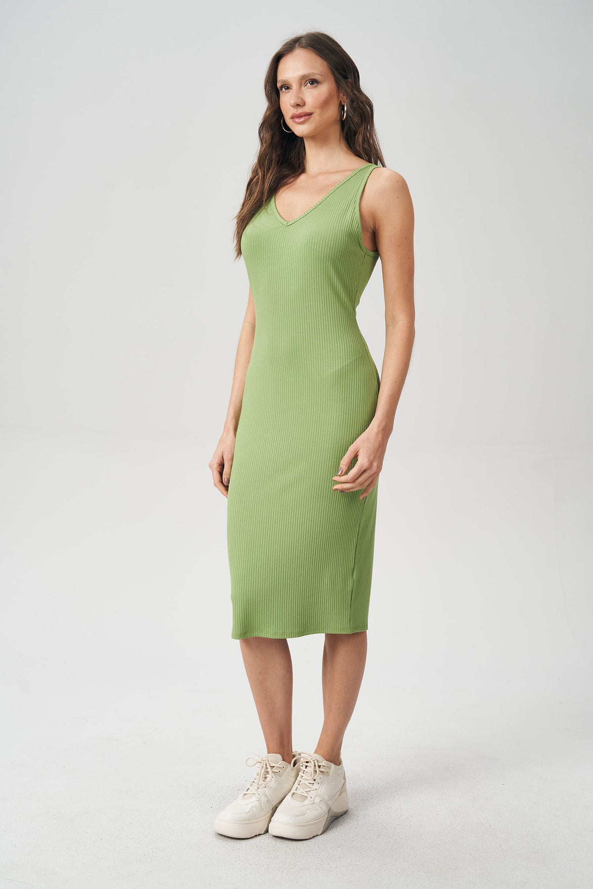 Vestido Midi Canelado Feminino Acostamento Garden