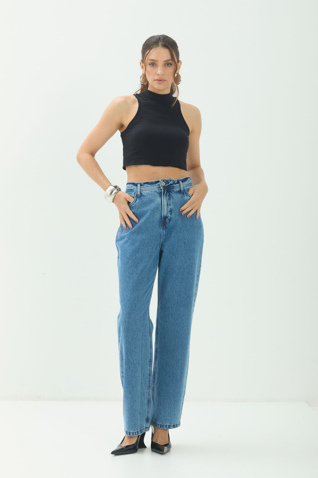 Calça Jeans Straight Cintura Alta ACT Feminina Jeans Intermediario