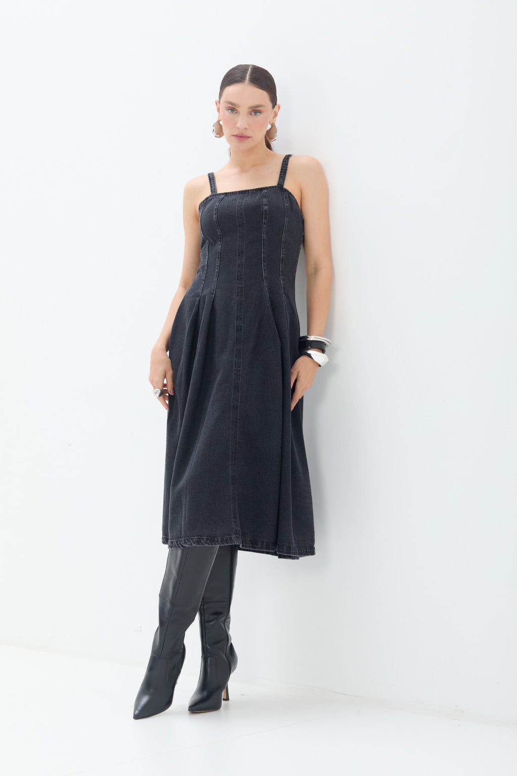 Vestido Jeans Midi Com Alças ACT Feminino Jeans Escuro