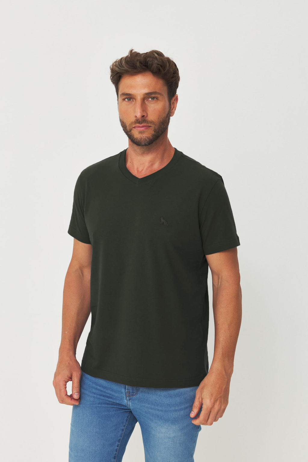 Camiseta Casual Gola V Masculina Acostamento Verde Folhagem