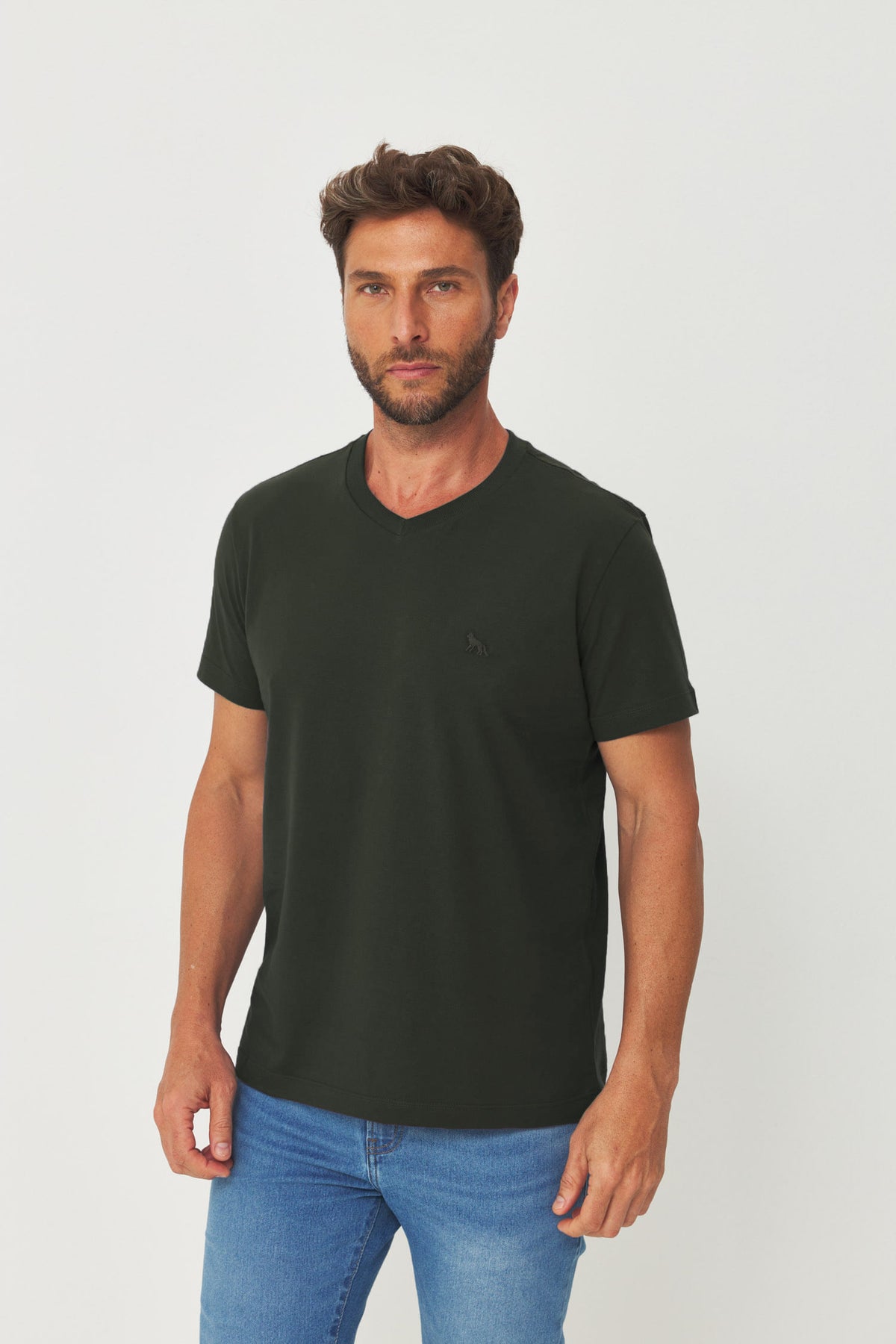 Camiseta Casual Gola V Masculina Acostamento Verde Folhagem
