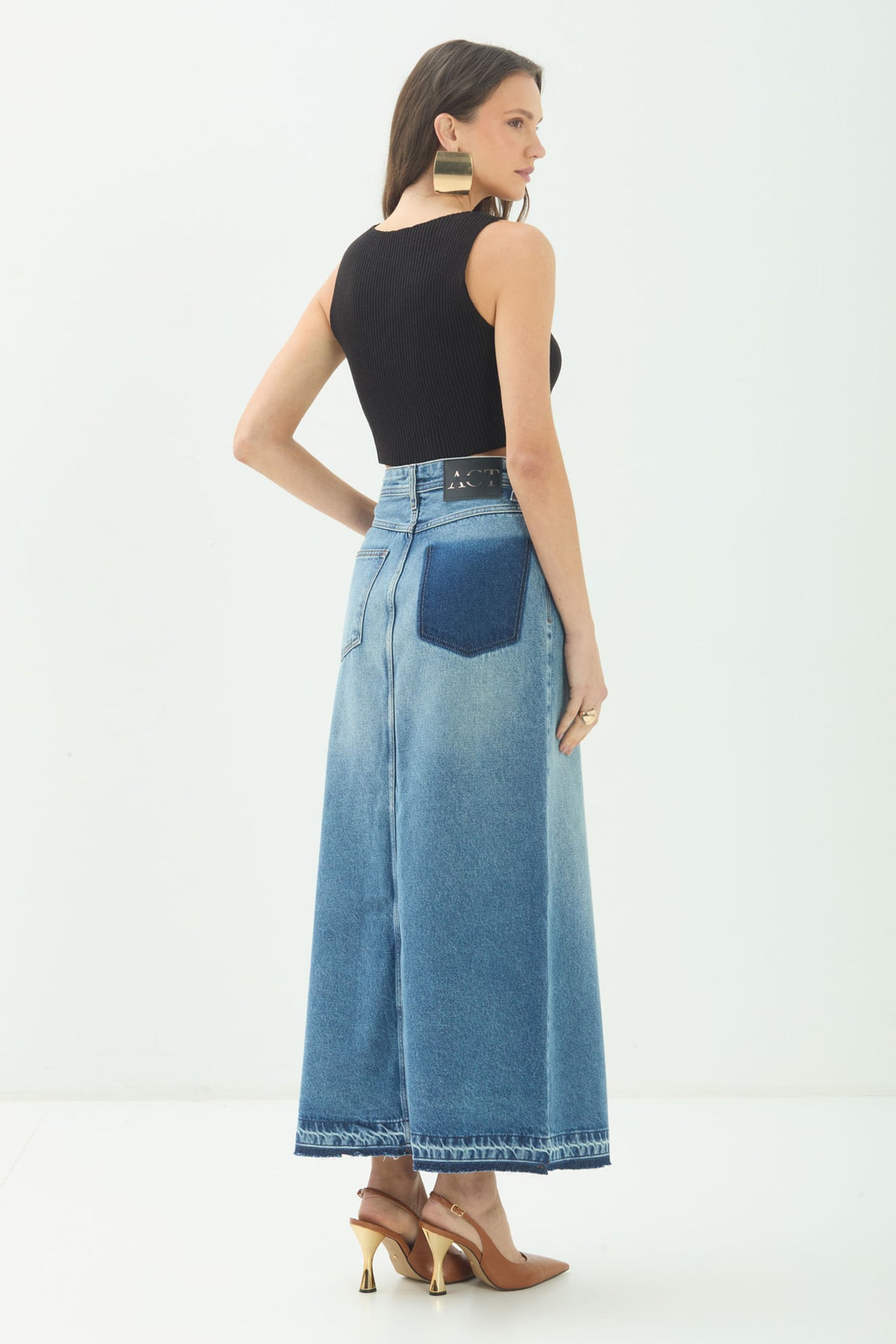 Saia Jeans Longa Com Fenda ACT Feminina Jeans Intermediario
