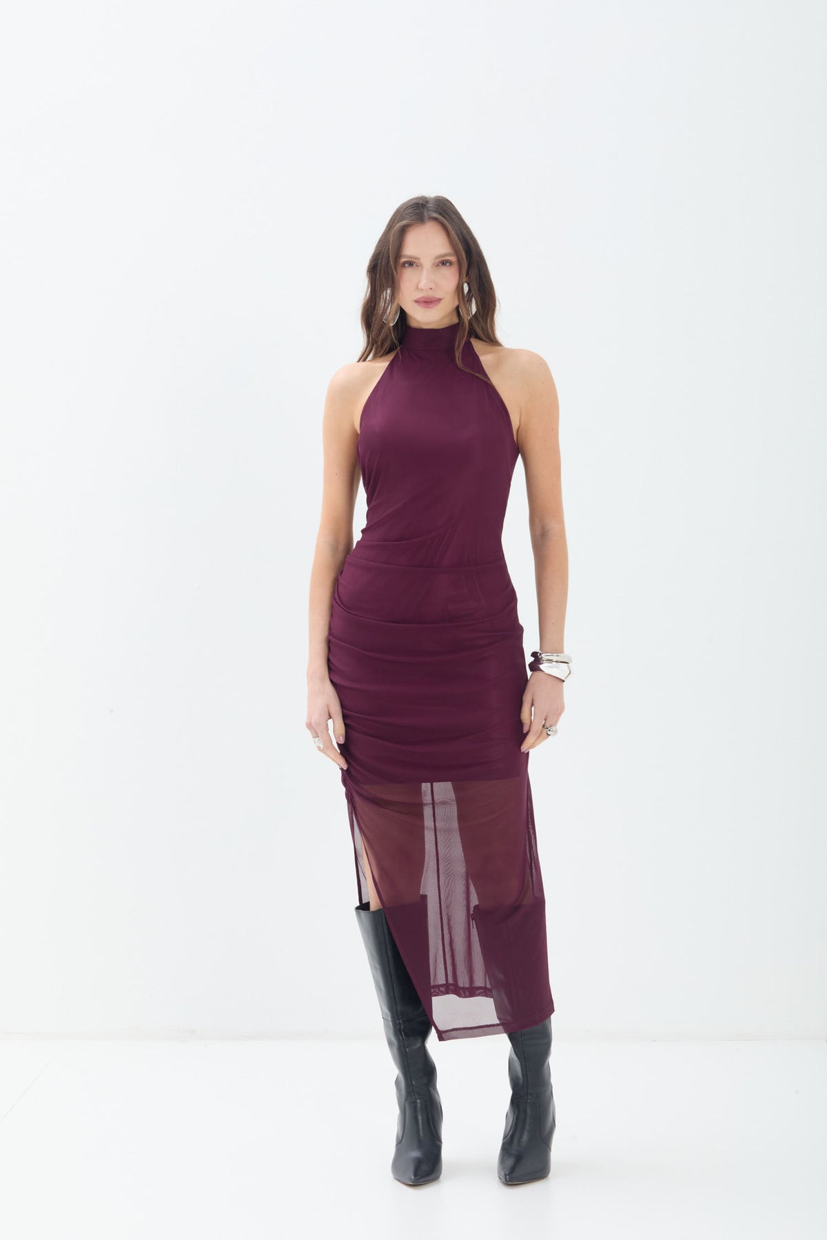 Vestido Midi Em Tule Com Drapeado ACT Feminino Preto