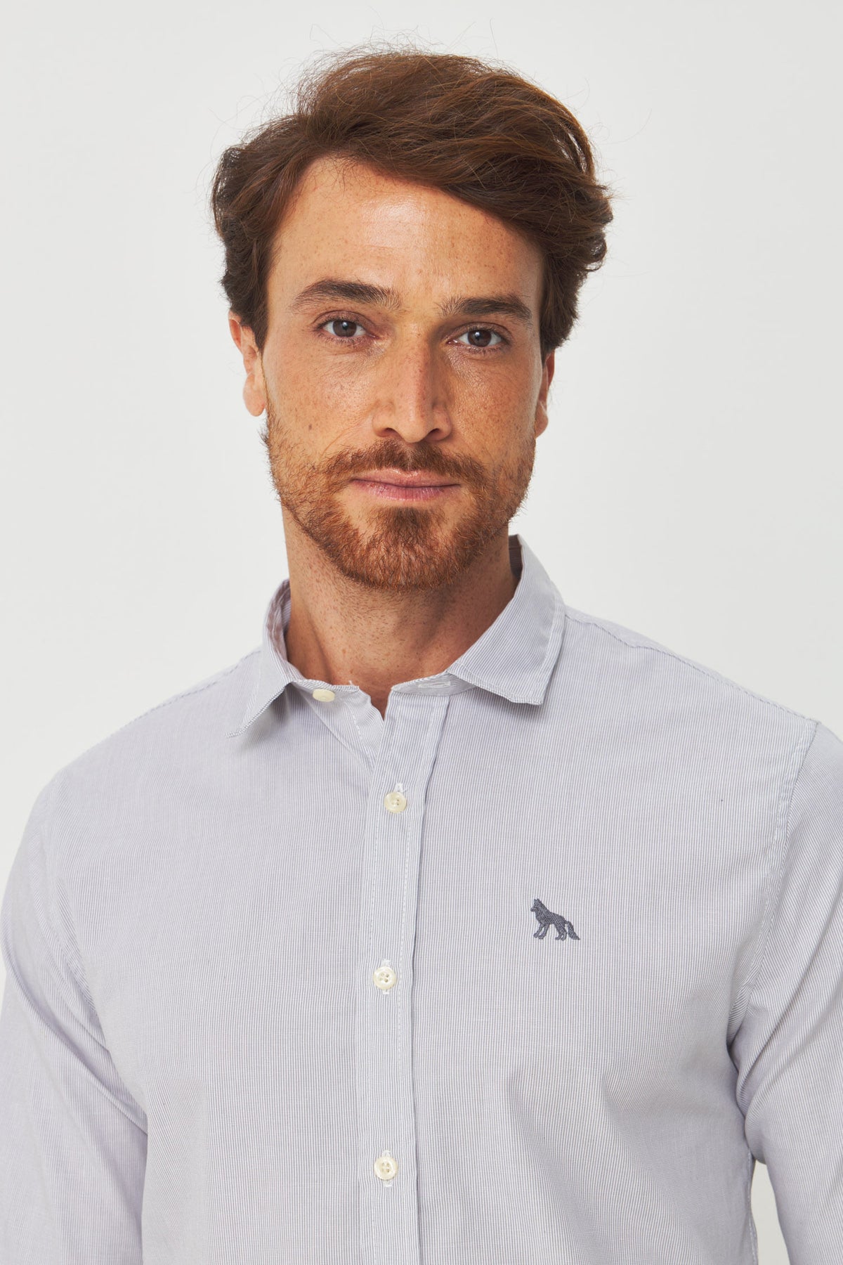 Camisa Manga Longa Listrada Masculina Acostamento Micro Listra Cinza C/ Branco