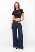 Calça Jeans Wide Leg Moderna ACT Feminina Jeans Escuro