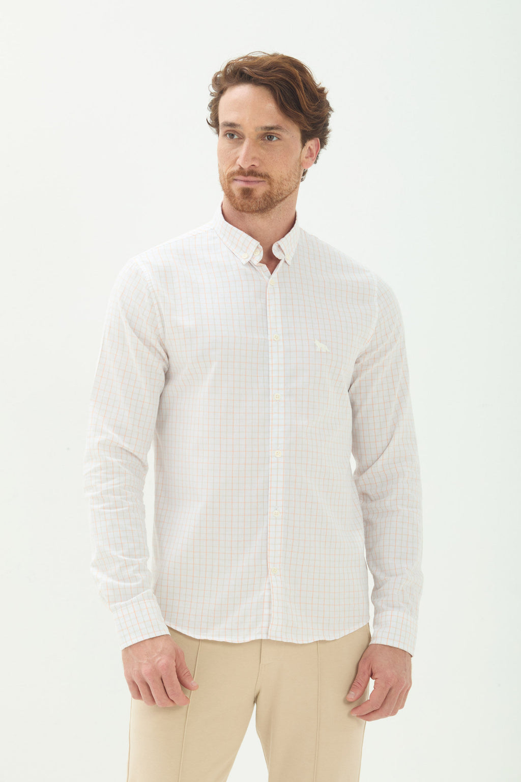 Camisa Manga Longa Scrivania Masculina Acostamento Xadrez Branco C/ Pessego