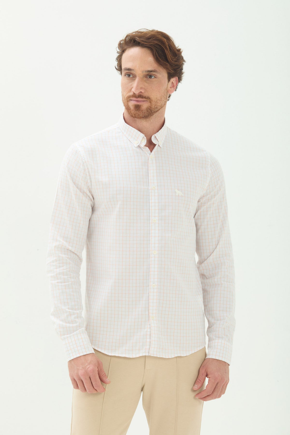 Camisa Manga Longa Scrivania Masculina Acostamento Xadrez Branco C/ Pessego