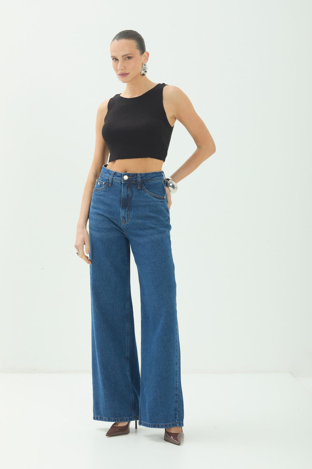 Calça Jeans Wide Leg Básica ACT Feminina Jeans Intermediario