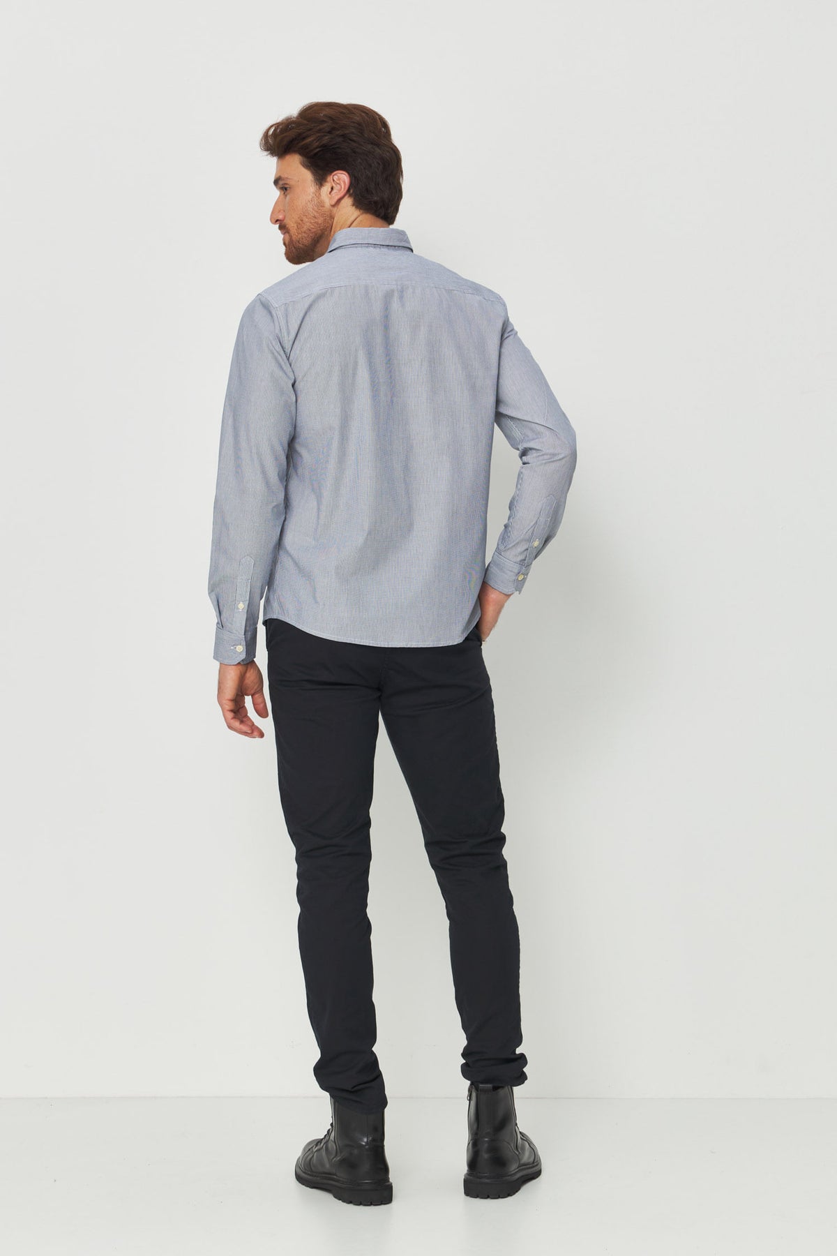 Camisa Manga Longa Listrada Masculina Acostamento Micro Listra Marinho C/ Branco