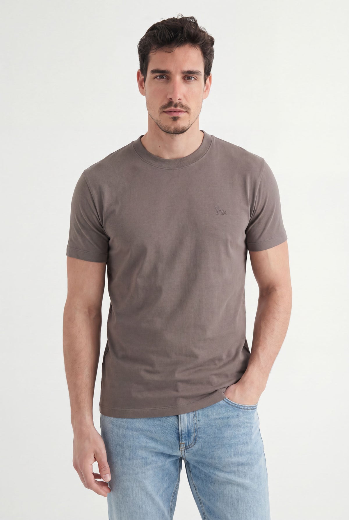 Camiseta Básica Lobo Bordado Masculina Acostamento Marrom Ipe