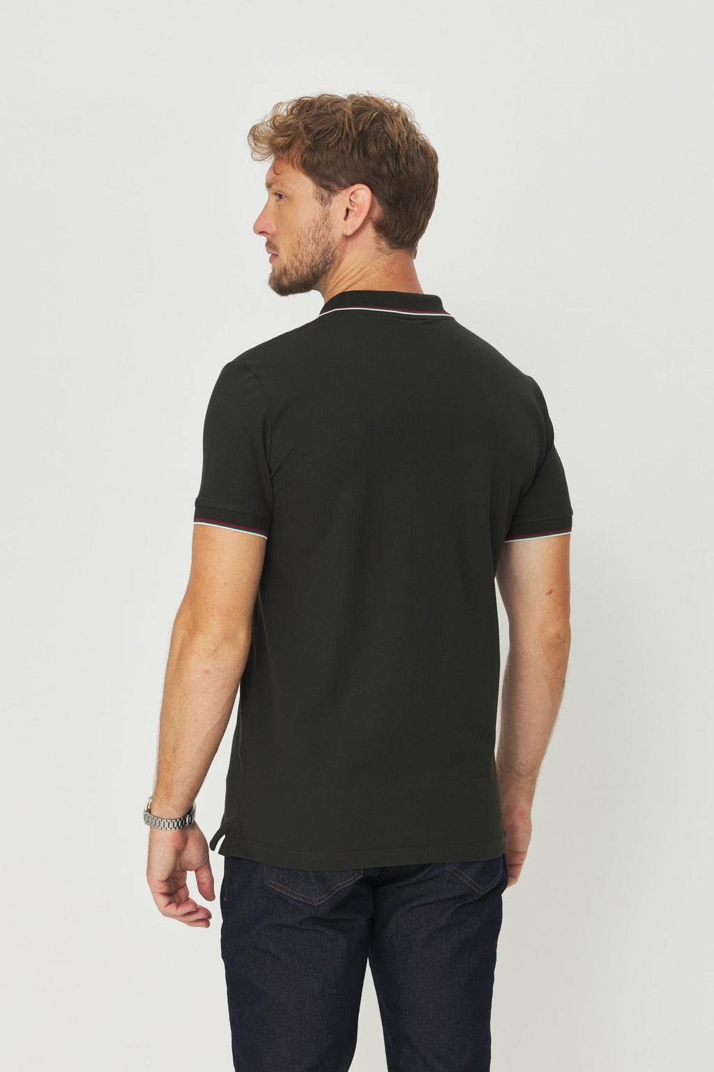 Polo Gola Contrastante Masculina Acostamento Verde Folhagem