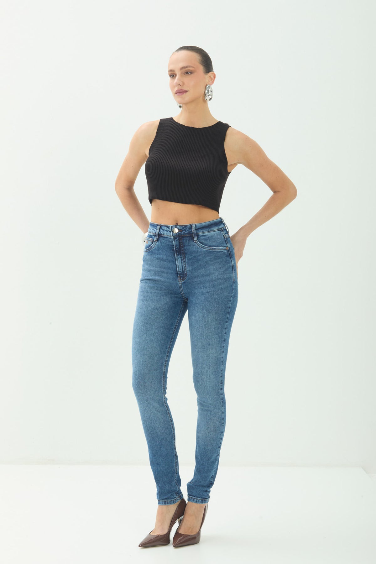 Calça Jeans Skinny Cintura Alta ACT Feminina Jeans Escuro