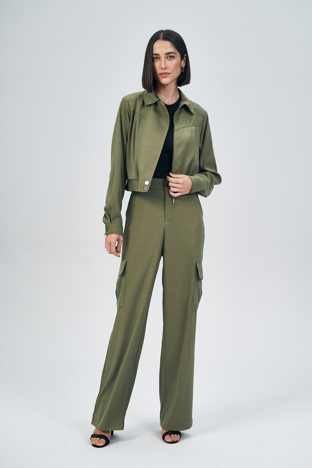 Jaqueta Cropped Fashion Feminina Acostamento Deep Olive