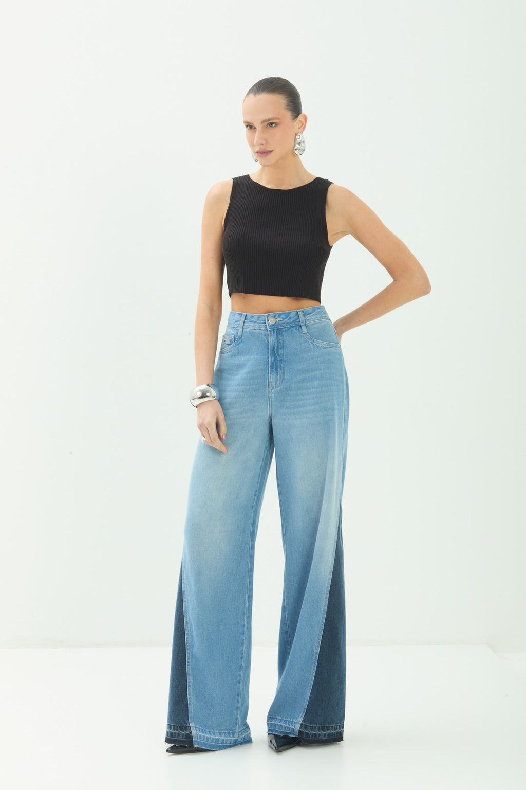 Calça Jeans Wide Leg Recorte ACT Feminina Jeans Intermediario