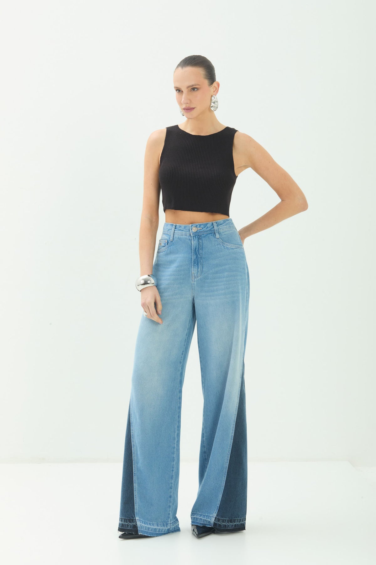 Calça Jeans Wide Leg Recorte ACT Feminina Jeans Intermediario