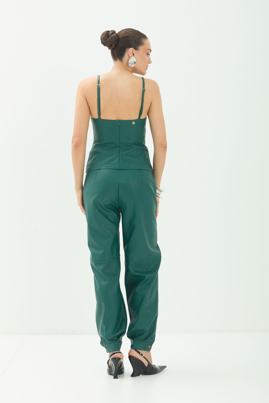 Blusa PU Alça Fina Decote Rendado ACT Feminino Deep Forest
