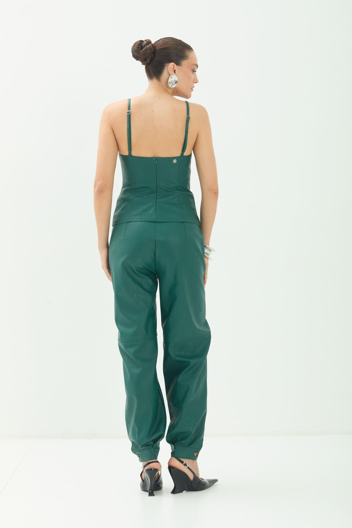Blusa PU Alça Fina Decote Rendado ACT Feminino Deep Forest