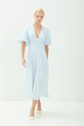 Vestido Midi Manga Bufante Listrado ACT Feminino Misty Blue C/ Prata