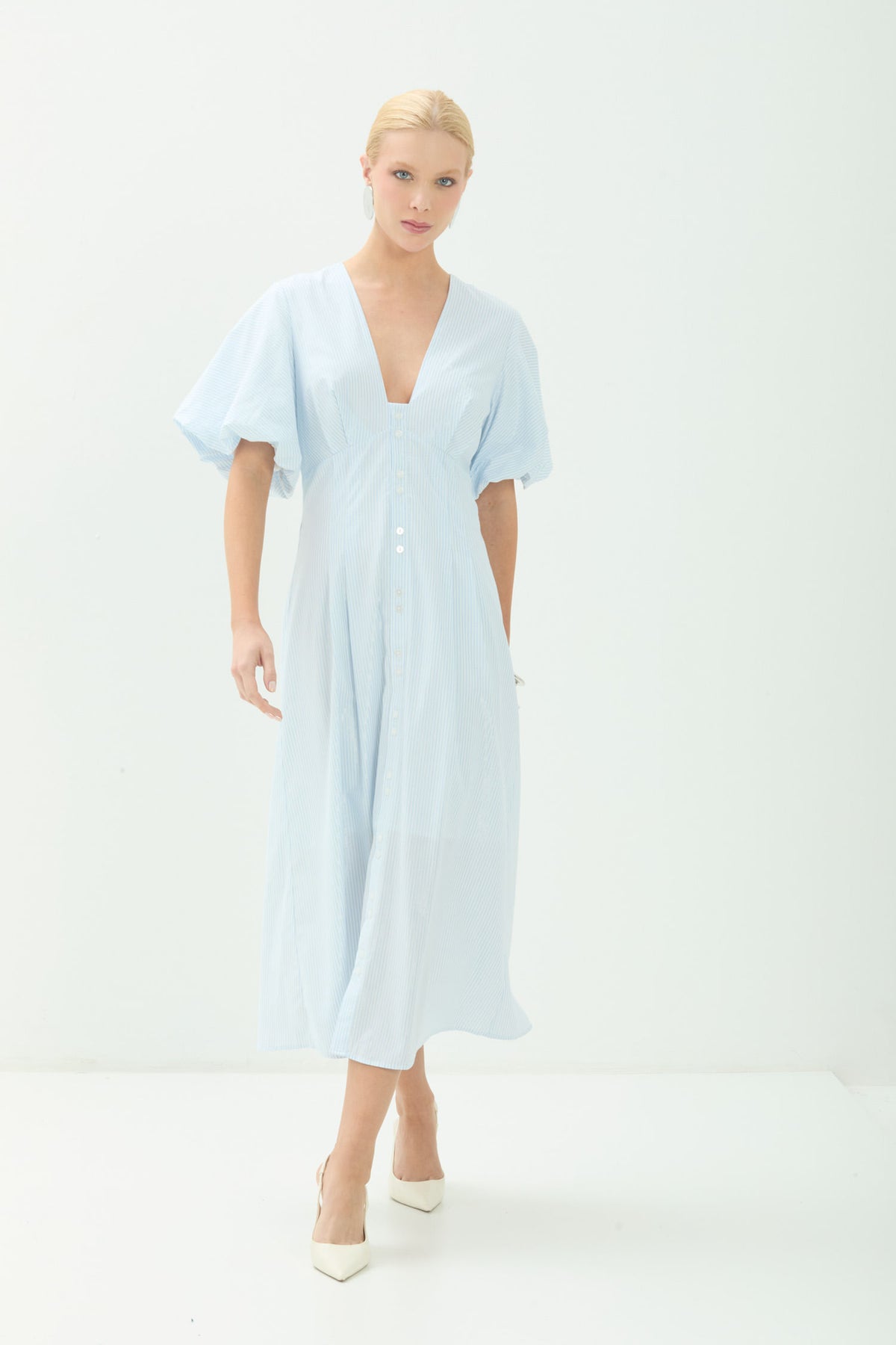 Vestido Midi Manga Bufante Listrado ACT Feminino Misty Blue C/ Prata