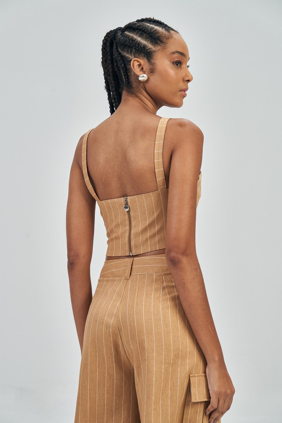 Top Alfaiataria Risca Giz Feminino Acostamento Palha