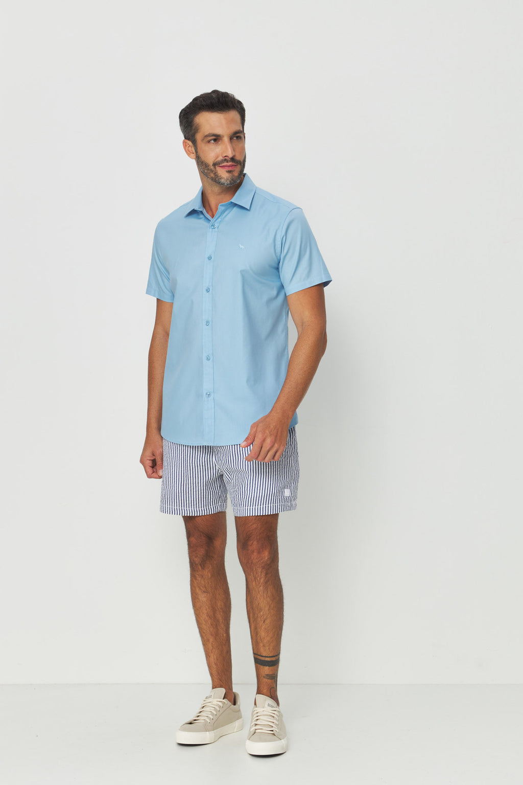 Camisa Manga Curta Cotton Masculina Acostamento Azul
