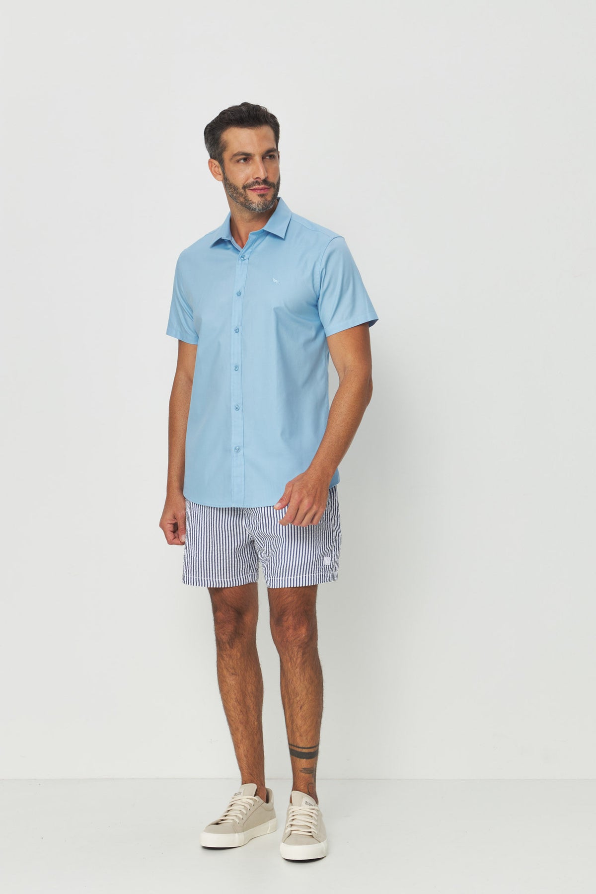 Camisa Manga Curta Cotton Masculina Acostamento Azul
